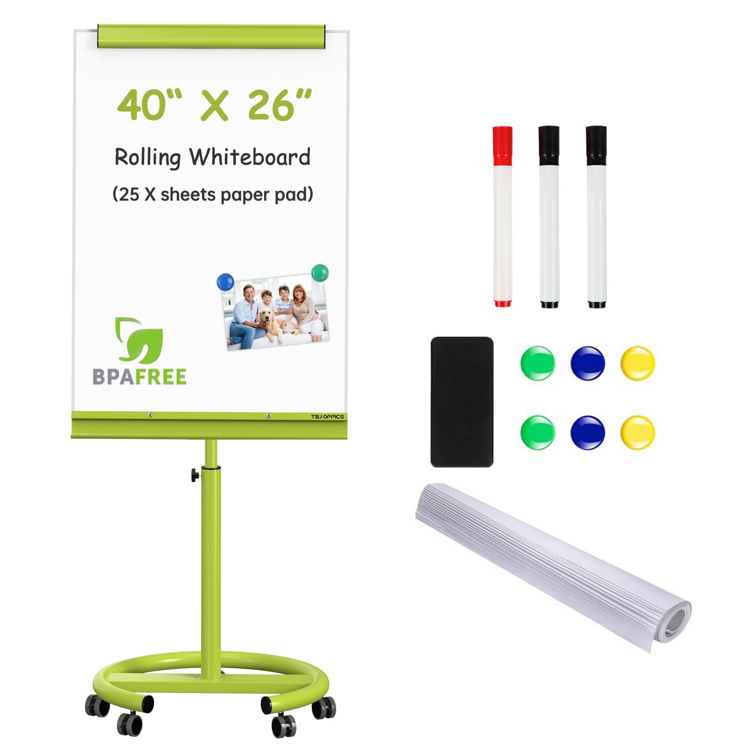 TSJ OFFICE Rolling Whiteboard Standing - 40 x 26 Inches Magnetic Mobile White Board with Stand, Height Adjustable Dry Erase Board on Wheels with Paper Clamp on Top, Green Image