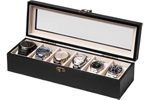 Exper City Watch Box, Watch Case for Men Women with Large Glass Lid, Wooden Watch Display Storage Box with 6 - Slots, Charcoal Black Mens Watch Box Organizer