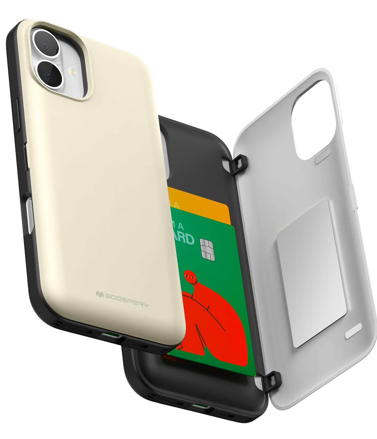 GOOSPERY Magnetic Door Bumper Compatible with iPhone 16 Plus Case, Card Holder Wallet Easy Magnet Auto Closing Protective Dual Layer Sturdy Phone Back Cover - White