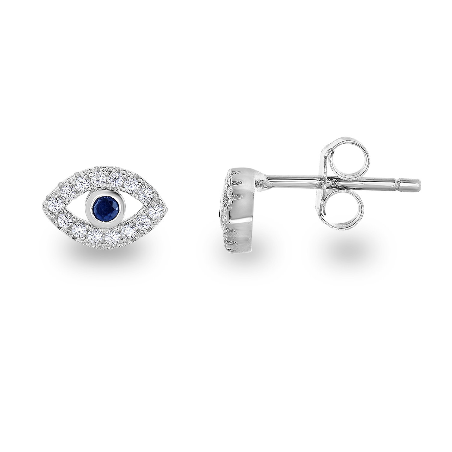 Rhodium-Plated Sterling Silver Cubic Zirconia Mini Evil Eye Jewish Symbol Stud Earrings