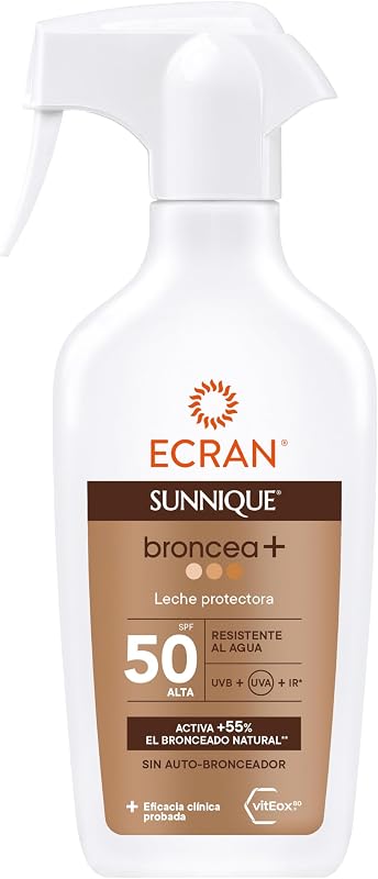 Ecran Sunnique Sunnique Protetor Solar Leite Tanning+ FPS 50 Alto UVB + UVA e IR-A Proteção Spray Ativa Bronzeamento Natural, Sem Autobronzeador, com Tecnologia PureBronze, Resistente à Água - 270 ml