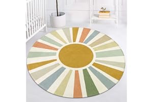 STARUIA Boho Washable Rug 5 Ft Round Area Rug for Bedroom, Rainbow Circle Kids Rug for Office, Non-Slip Circluar Carpet Soft Sunshine Rug for Dorm Nursery Sofa Living Room Corner