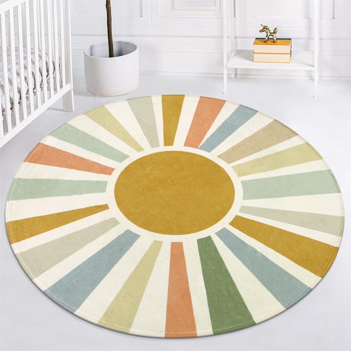 Photo 1 of STARUIA Boho Washable Rug 5 Ft Round Area Rug for Bedroom, Rainbow Circle Kids Rug for Office, Non-Slip Circluar Carpet Soft Sunshine for Dorm Nursery Sofa Living Room Corner