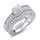 1.00 Ct Round Cabochon White Simulated Opal Women's 925 Sterling Silver Engagement Ring Set
