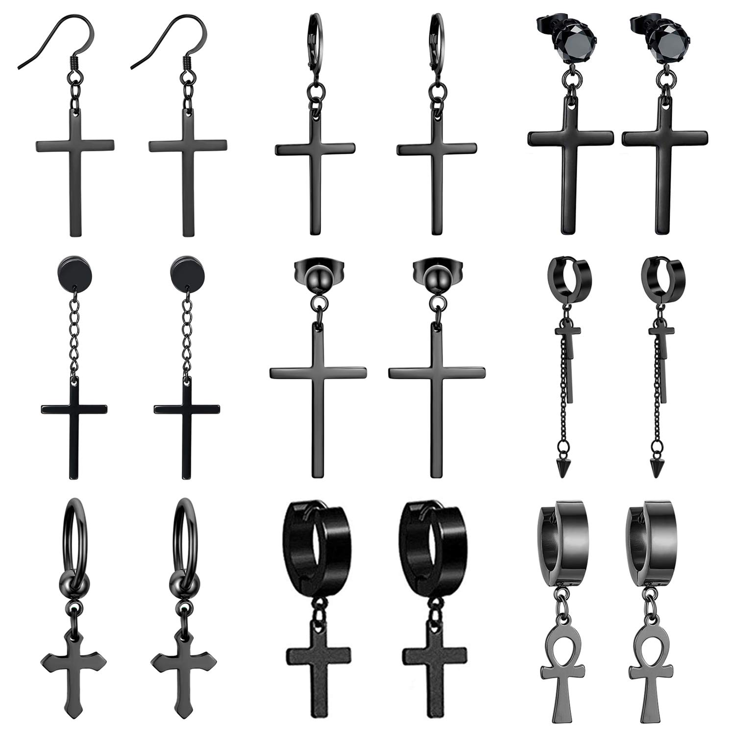 9 Pairs Stainless Steel Cross Dangle Hinged Hoop Earrings Huggie Black Earrings Piercing CZ Stud for Men Women