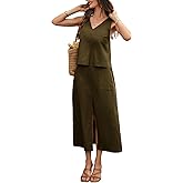 vinglam Women's Linen Skirt Sets 2 Piece Outfits V Neck Tank Top and Midi Slit Skirt with Pocket