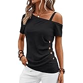 EasyGala Womens Off Shoulder Tops Summer Asymmetrical Shirts Short Sleeve Button Ruched Blouses 2025