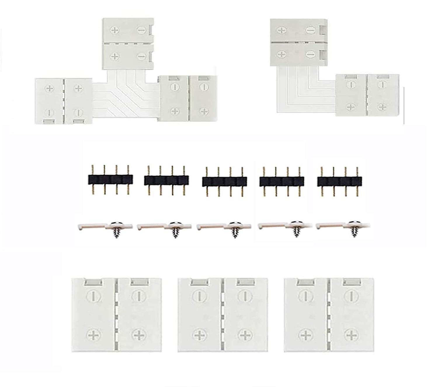 LED Strip Connector,XVZ 10mm gapless adapter for RGB SMD 5050 multicolor LED strip lights 12V-24V Include 3 cable connection, 1 L shape connection, 1 T shape connection, 5X LED strip clip, 5X pin plug
