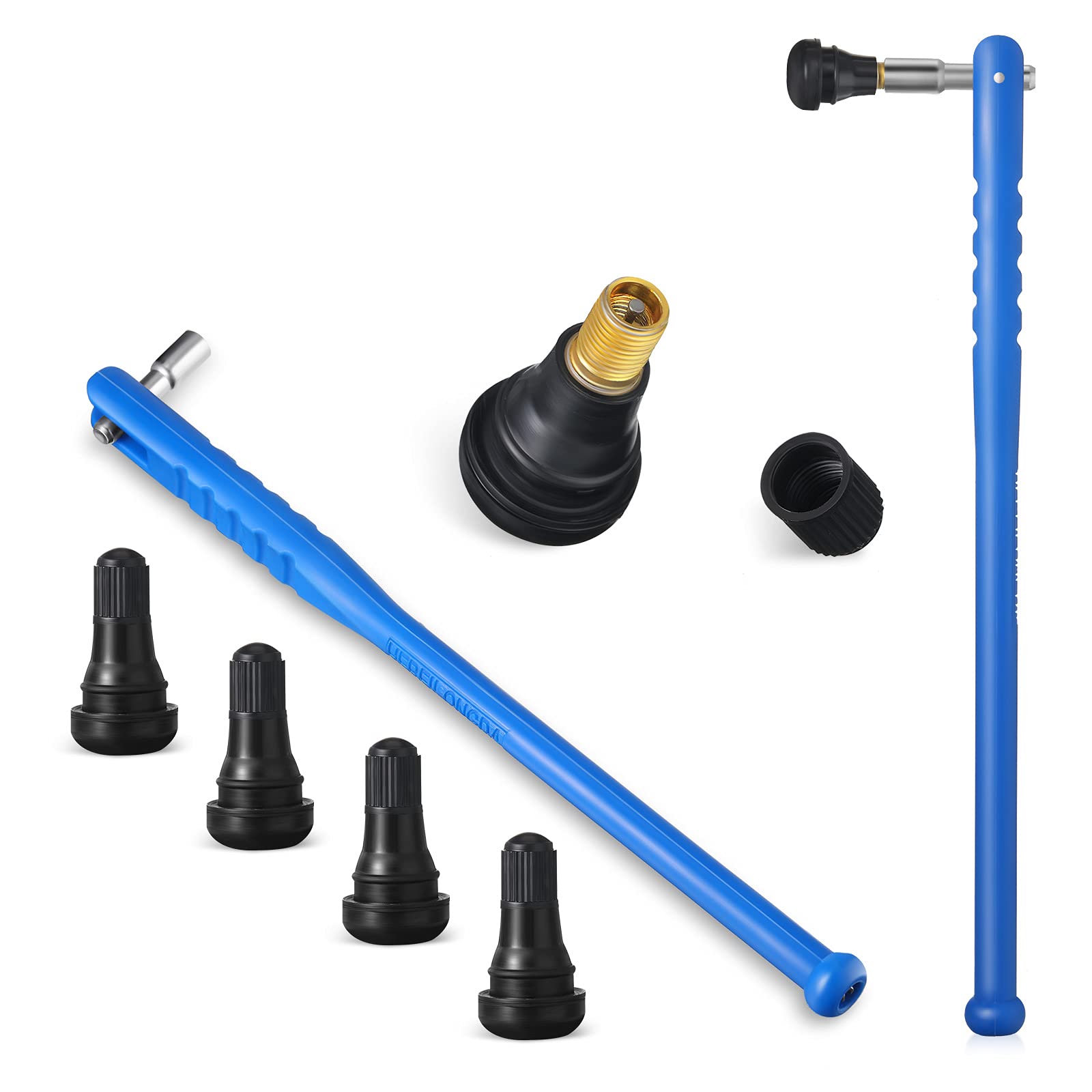 Photo 1 of 5 Pieces Tire Repair Kit, 1 Valve Core Removal Tool Tire Valve Stem Puller No Scratch Strength Blue Plastic Tool 4 TR412 Rubber Snap-in Stems for Standard Vehicle