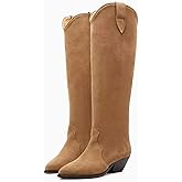 XBKXMK Suede Cowboy Boots for Women Pointed Toe Cowgirl Knee High Boots Chunky Heels Tall Boot Dressy Pull on Wide Calf Fashion Casual