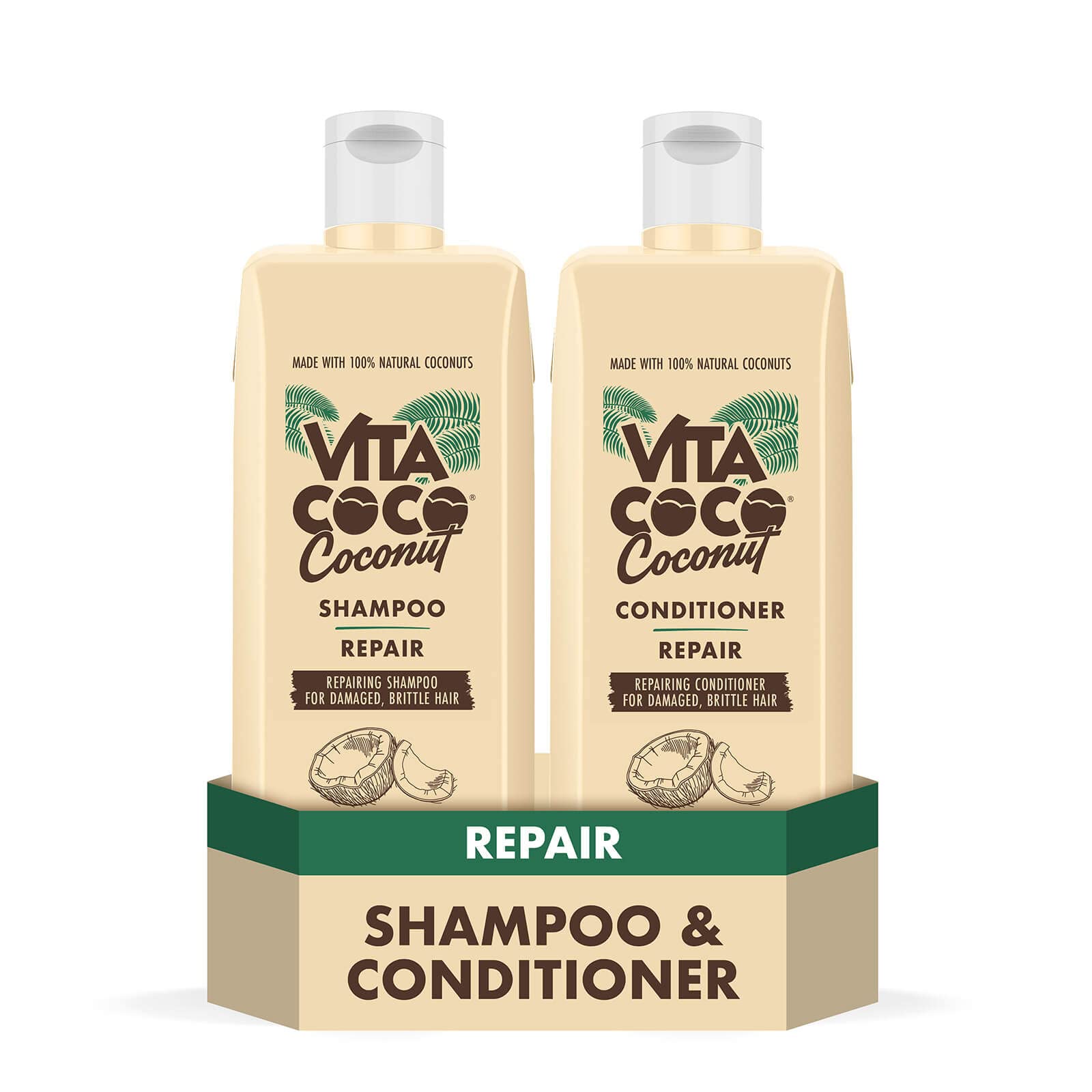 Vita Coco Repair Shampoo and Conditioner Bundle for Damaged Hair (2 x 400ml) protects repairs and nourishes the hair with 100 Percent Natural Coconuts