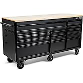 Olympia Tools 72 inch Heavy Duty Mobile Tool Chest Tool Box, with Solid Wood Top Workbench, 15-Drawer Rolling Tool Chest, Tool Storage Organizer for Garage, Workshop, and Home, Black