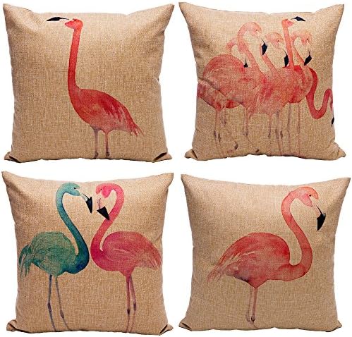 FINNEL 4 Packs 18 x 18 Inches Pink Flamingo Animal Pillow Covers Cotton Linen Dlend Double-Side Digital Printed Decorative Pillow Case Throw Cushion Cover(Set of 4)