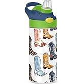 Cowboy Boots Kids Water Bottle with Straw Lid Insulated Tumbler with Handle Stainless Steel Reusable Toddlers Cup for Kids Boys 12 oz