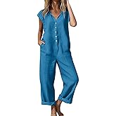 SCRRMZO Linen Rompers for Women Casual Short Sleeve Button Down Overalls Wide Leg Loose Jumpsuit with Pockets