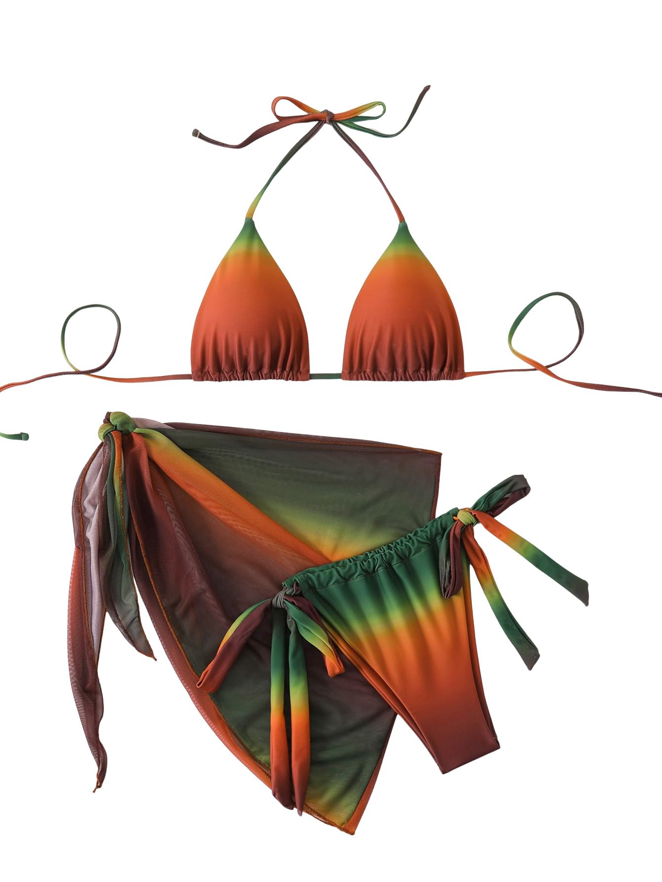 Photo 1 of SEGT Women's 3 Piece Swimsuit Triangle Halter Side Tie Thong Bikini Set with Cover Up Skirt Green Orangel Multi S