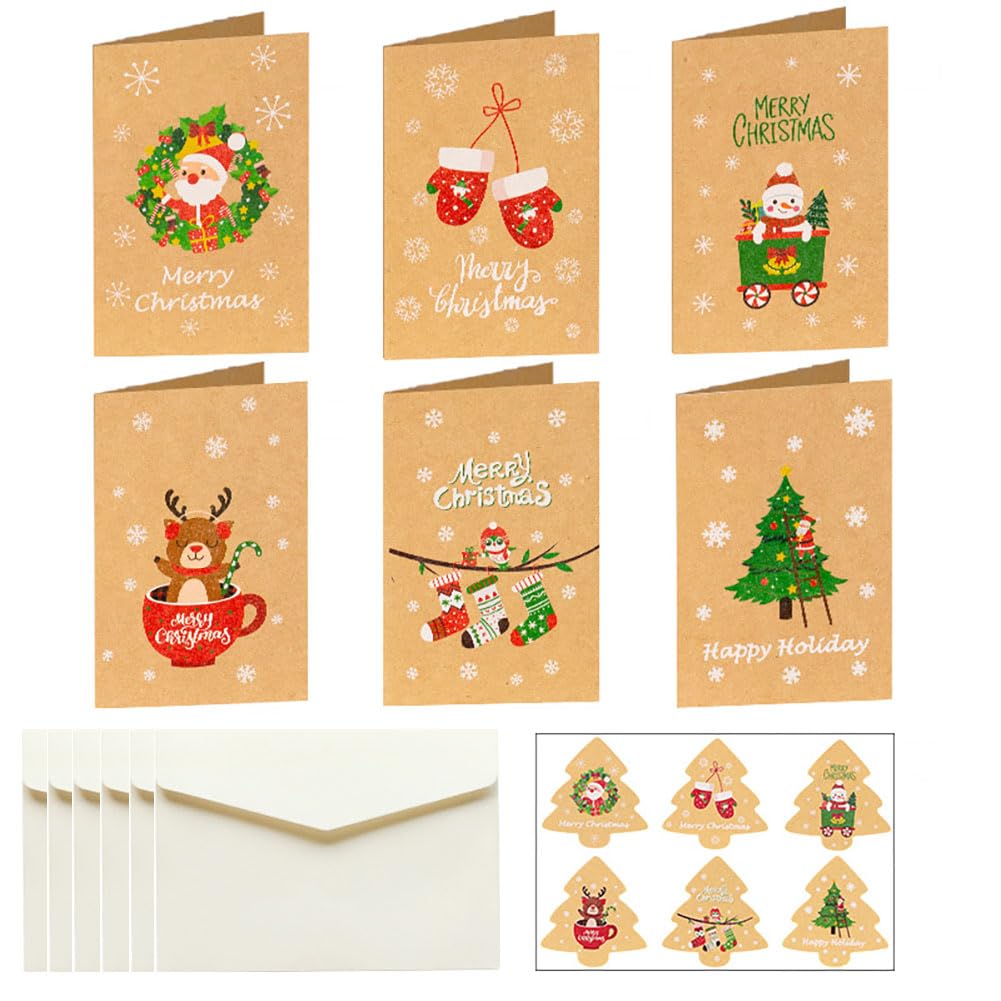 Christmas Holiday Greeting Cards, 4.1 x 2.7 Inch - 6 Assorted Cute Designs, 6 pcs Happy Holiday Cards With Envelopes & Sealing Stickers For Friends, Family and loved Ones