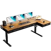 OffiGo L Shaped Electric Standing Desk with Drawers, 63 Inch Height Adjustable Large Desk with Power Outlets, Sit Stand Table