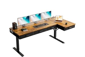 OffiGo 63 Inch L Shaped Electric Standing Desk with Drawers, Height Adjustable Large Desk with Power Outlets, Sit Stand Table, Writing Computer Desk for Home, Office, Workstation, Rustic Brown