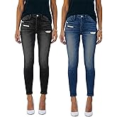 PerZeal Women's Mid Waisted Jeans Trendy Distressed Stretch Ripped Denim Pants (Pack of 2)
