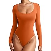 REORIA Womens Basic Sexy Scoop Neck Long Sleeve Leotards Fashion Fall Outfits Double Lined Layering Slim Soft Bodysuits Tops Harvest Pumpkin Medium