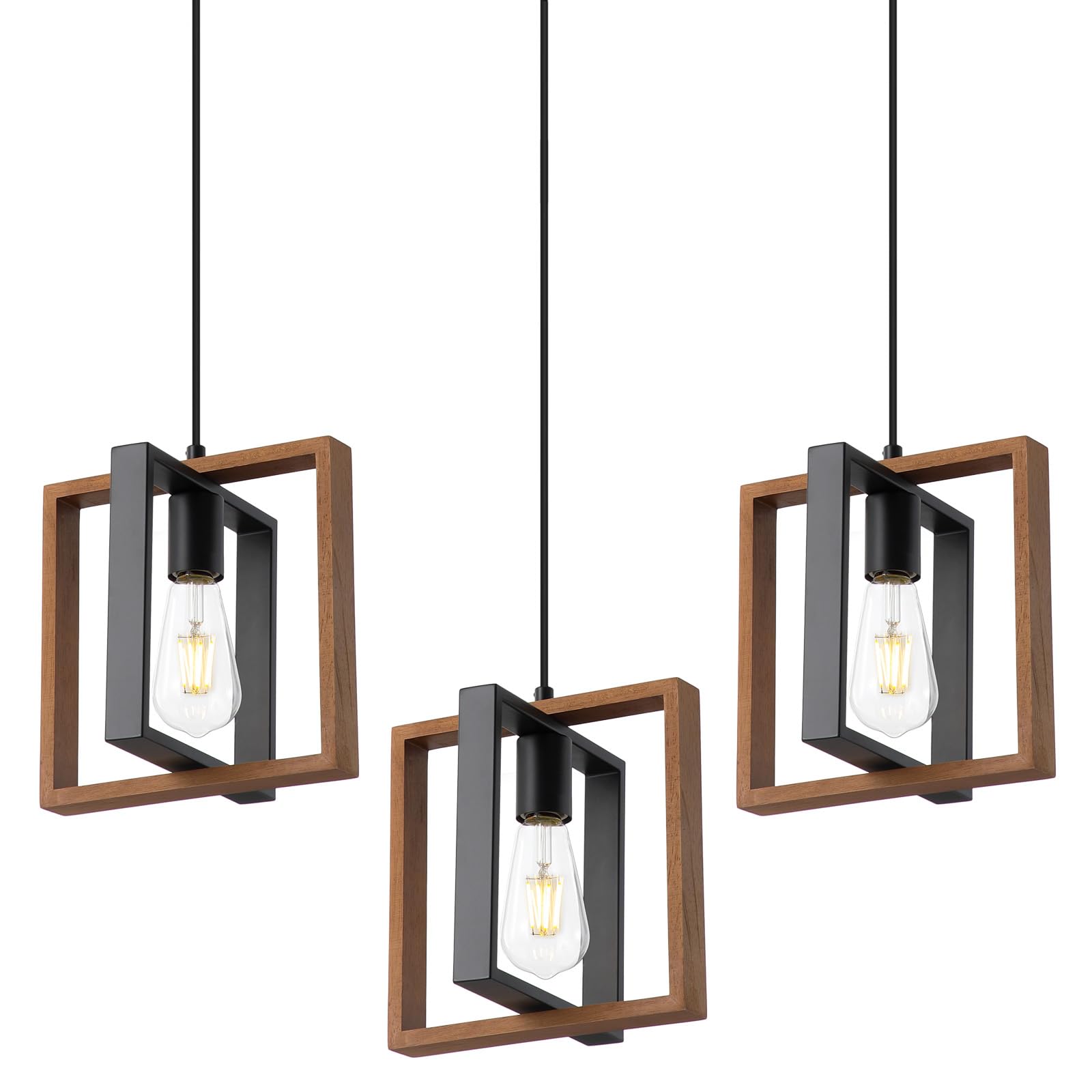 Photo 1 of 9MMML Wood Pendant Light Kitchen Island Set of 3, Farmhouse Hanging Lamp with 62'' Height Adjustable Cord, Small Ceiling Pendant Light Fixture for Dining Room, Entryway, Foyer