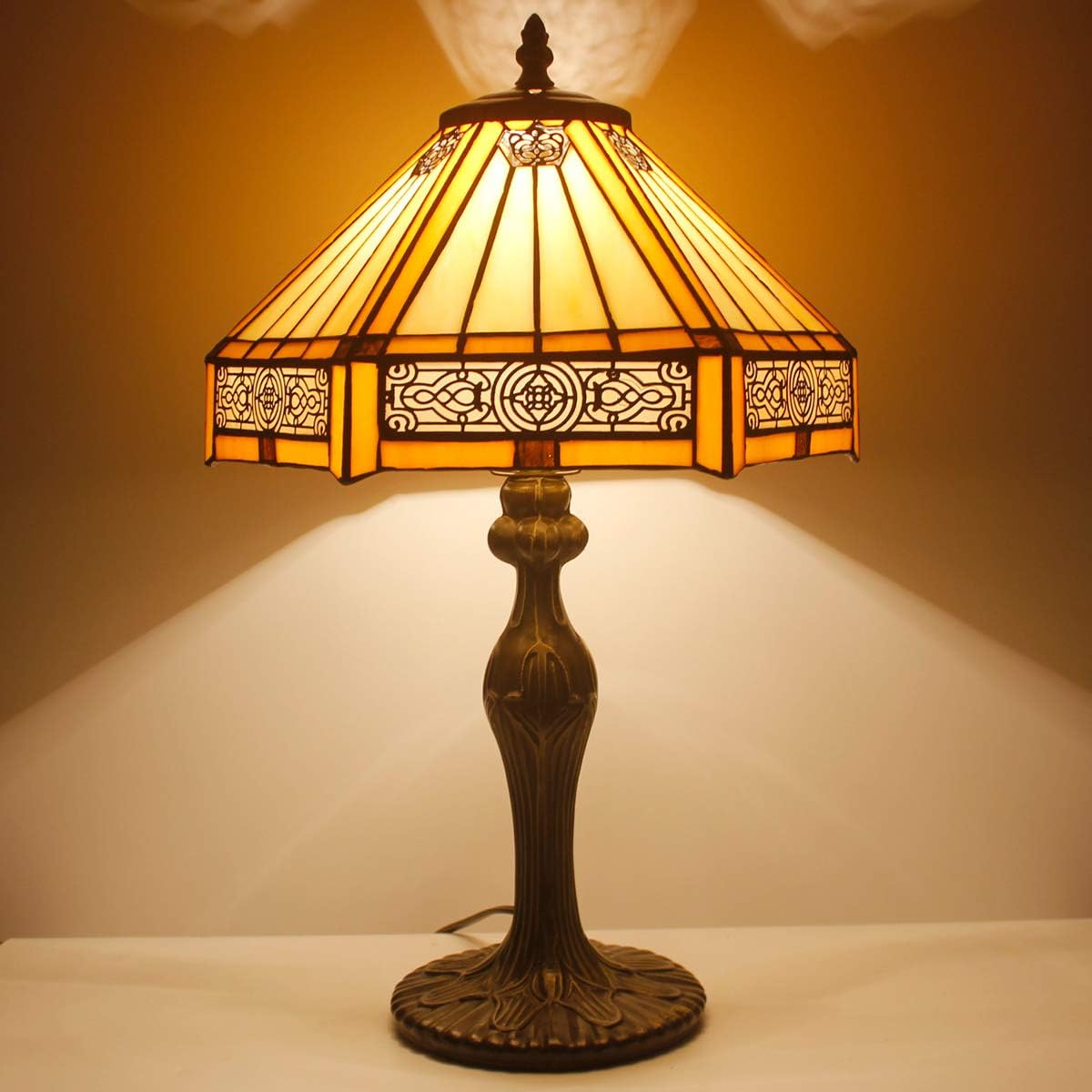 WERFACTORY Tiffany Lamp Yellow Hexagon Stained Glass Mission Style Table Lamp Desk Bedside Reading Light 12X10X18 Inches Decor Bedroom Living Room Home Office S011 Series - Image 4