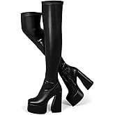 LanreyTaley Platform Thigh High Boots for Women Chunky Block Heels Over The Knee Boots Stretch Go-Go Boot Square Toe Party Boots with Zipper