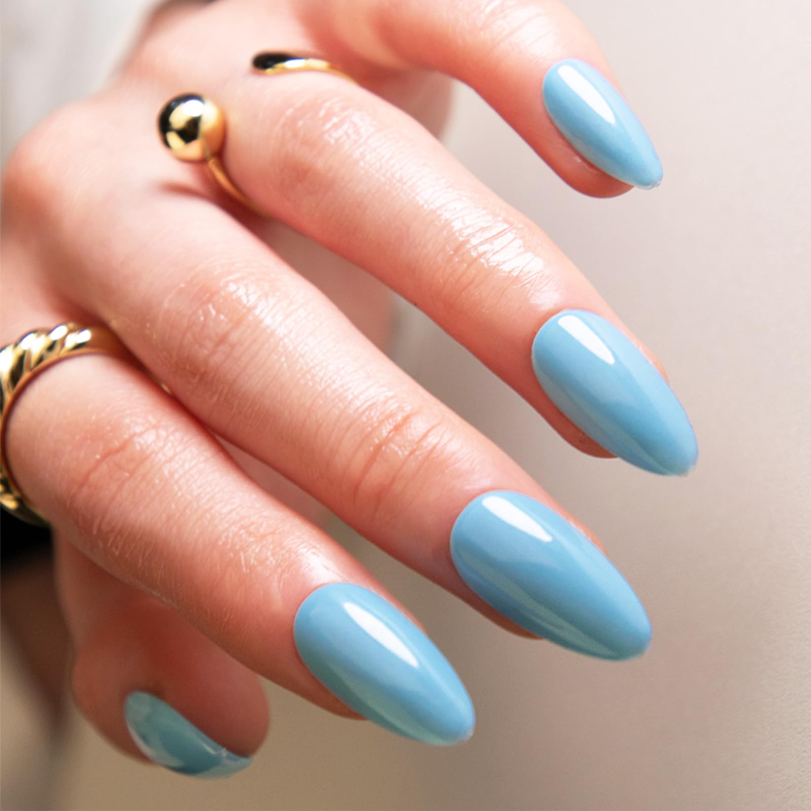 Photo 1 of 24Pcs Blue Short Medium Almond Press on Nails with Solid Color Design, Glossy Blue False Nails Gel Glue on Nails, Solid Color Manicure Art Acrylic Fake Nails Stick on Nails for Coquette Women Girls