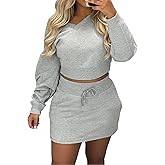 CHICME Womens 2 Piece Outfits Skort Set 2026 Spring V-neck Sweatshirt Top and Drawstring Skirt Set
