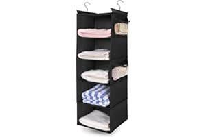 MAX Houser 5-Shelf Hanging Closet Organizer,Space Saver, Cloth Hanging Shelves with 4 Side Pockets,Foldable, Black