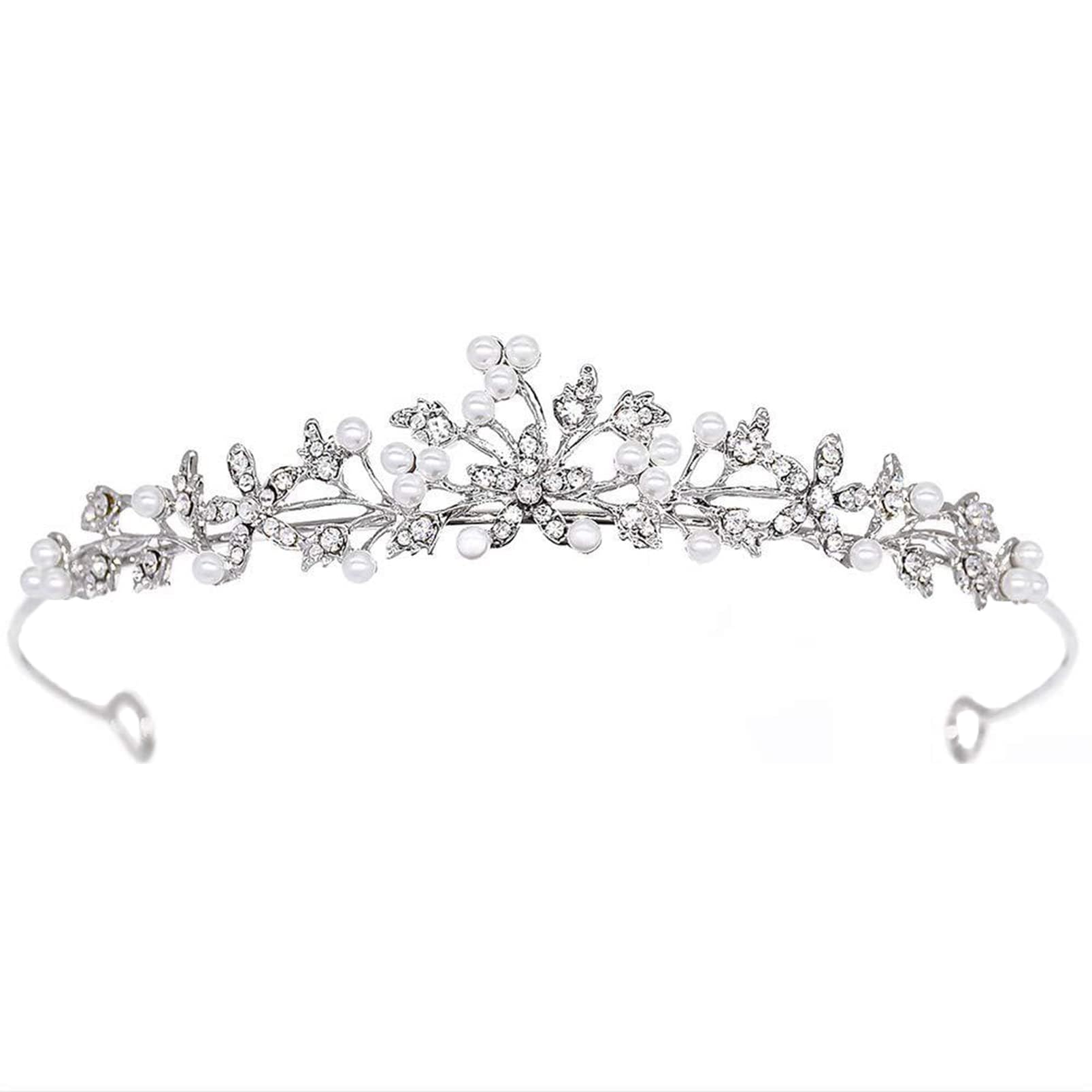 Flower Rhinestone Pearls Crowns Headband, Silver Crystal Bridal Crown Tiara for Girls Women Luxury Princess Hairband Headwear Wedding Prom Birthday Tiara Cosplay Party Costumes Hair Accessories