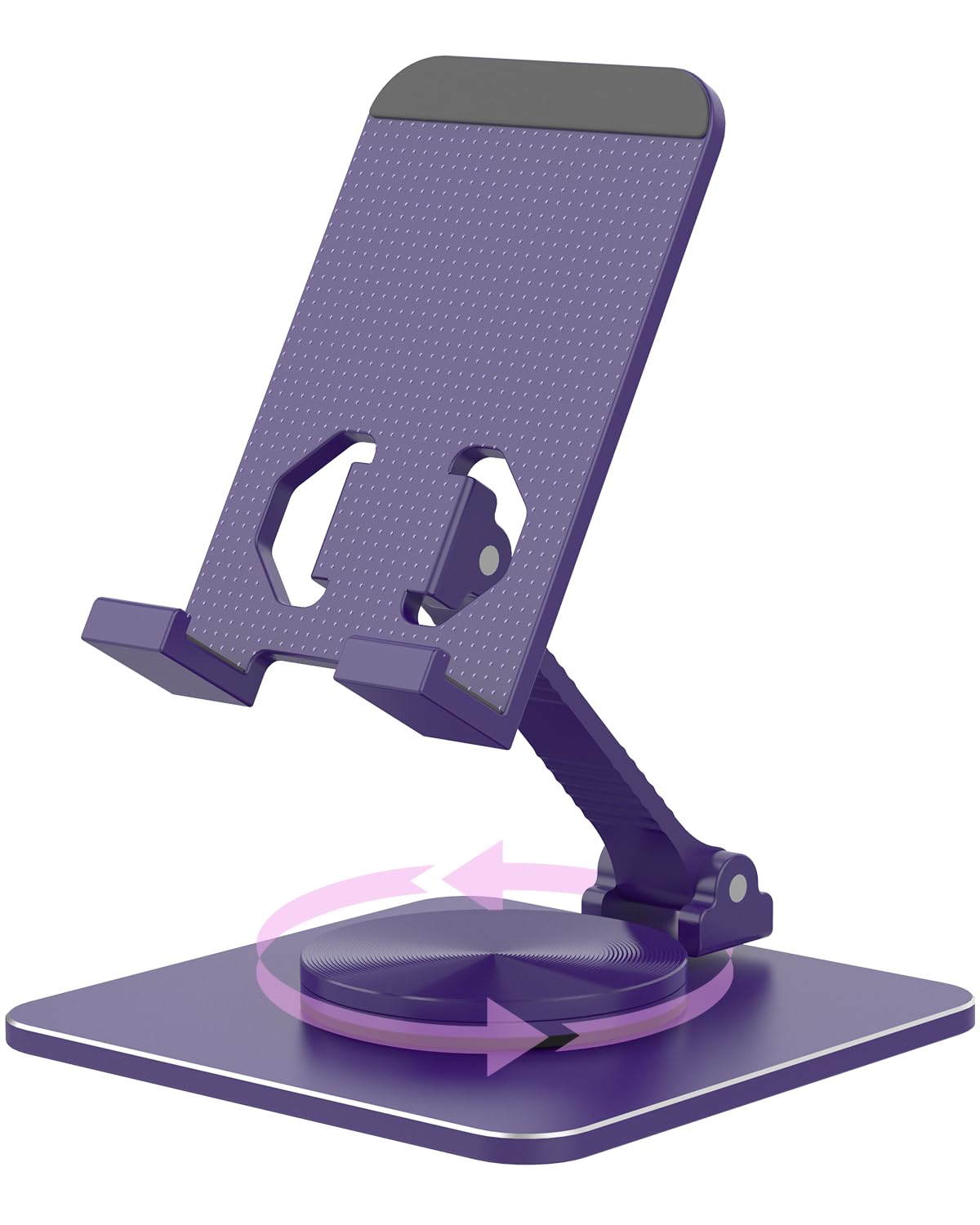 SOJUNER Cell Phone & Tablet Stand for Desk, Aluminum Adjustable Holder for iPhone, iPad & Smartphones || Foldable Mount with 360° Swivel, Stable Base & Portable Design for 4–9.7in Devices, Purple