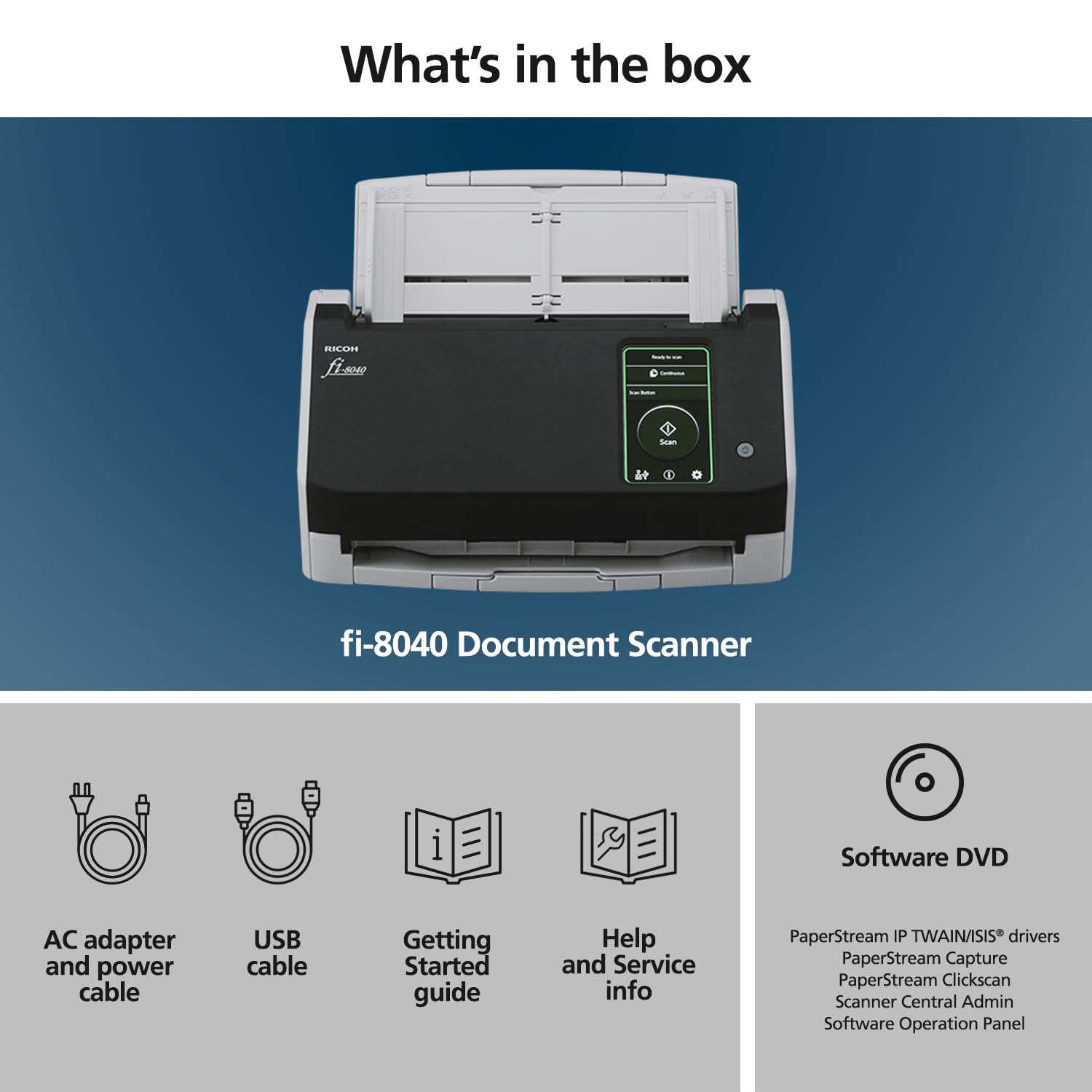 RICOH fi-8040 Fast Front Office & Desktop Document, Receipt, ID Card Scanner with 50 Page Auto Feeder and PC-Less DirectScan Capability