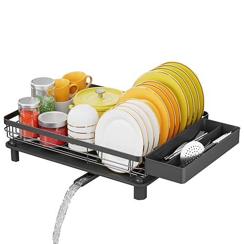 E-MANIS Dish Drainer Rack,Dish Rack with Drip Tray and Spiral Nozzle,Dish Drying Rack with Removable Cutlery Holder,Sink Drainer Rack
