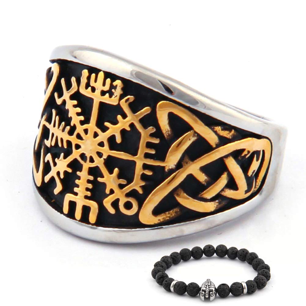 BaviPower Viking Vegvisir Norse Compass Valknut Symbol of Odin Tree of Life Yggdrasil Helm of Awe Rune Stainless Steel Nordic Ring for Men