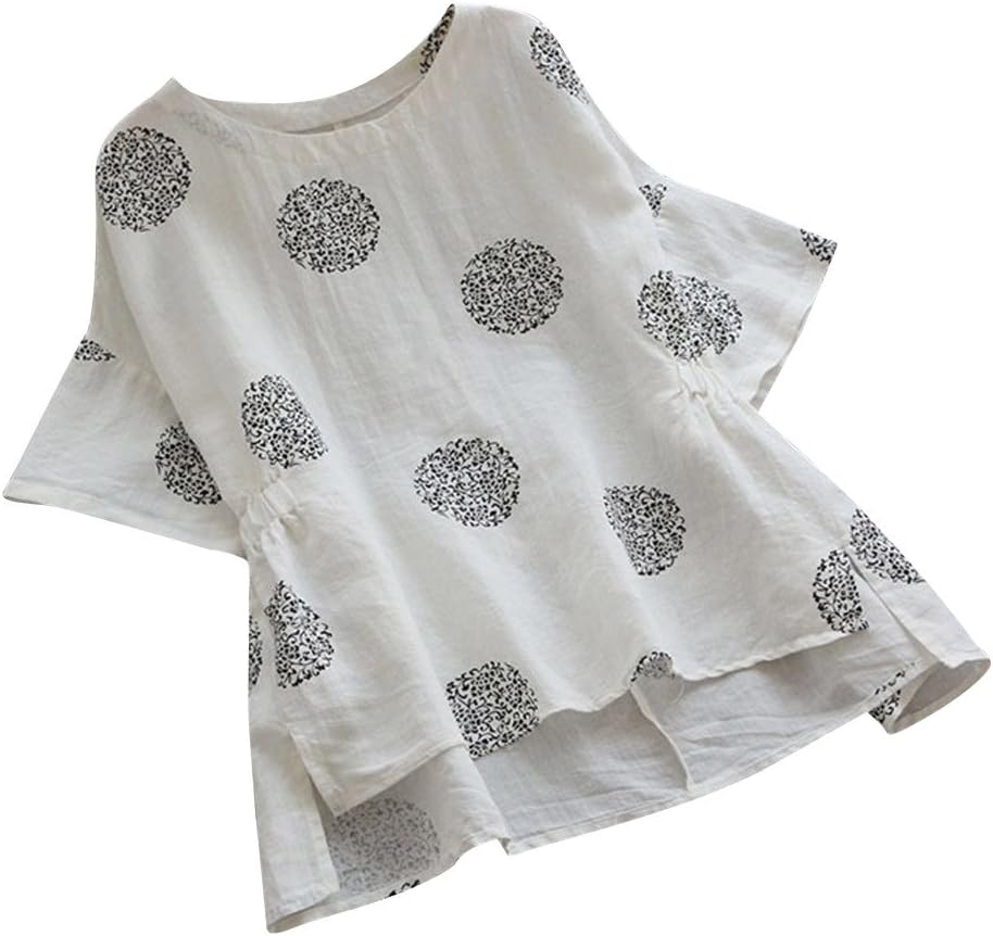 DEELIN Women's Dot Print O-Neck Loose Cotton Short Sleeved Casual Vintage Blouse