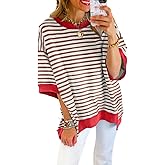 SHEWIN Womens Tops Casual Short Sleeve Sweatshirt Crewneck Striped Shirt Pullover T Shirts Loose Blouses