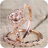 2PCS 14k Rose Gold Plated Morganite Bridal Ring Engagement Rings Set for Women's, Rose Gold Diamond Wedding Band Cushion Cut Promise Vintage Floral Bridal Set Ring Size 10#