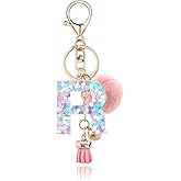 OKAICEN Resin Alphabet Initial Letter Keychain Keyring for Women Purse Handbags With Fur Ball Pom