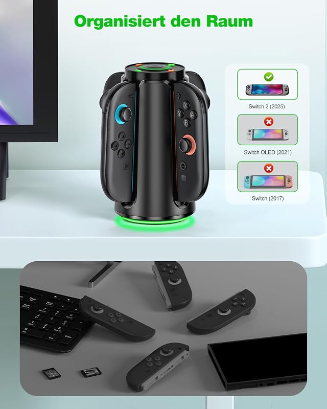 Switch 2 Controller Ladestation, 4-in-1 Magnectic Fast Joycon Ladestation für Kompatibel mit Nintendo 2 Switch, 8 RGB-Lichtmodi Charging Station Zubehör 3 Stunden Schnelles Vollladen, Oval