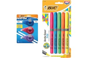 BIC Wite-Out EZ Correct Lot de 3 rubans correcteurs + surligneur BIC Brite Liner Grip (pointe biseautée, 5 pièces)