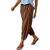 WROLEM Womens High Waist Pants Drawstring Wide Leg Cropped Casual Loose Capris with Pockets for Women