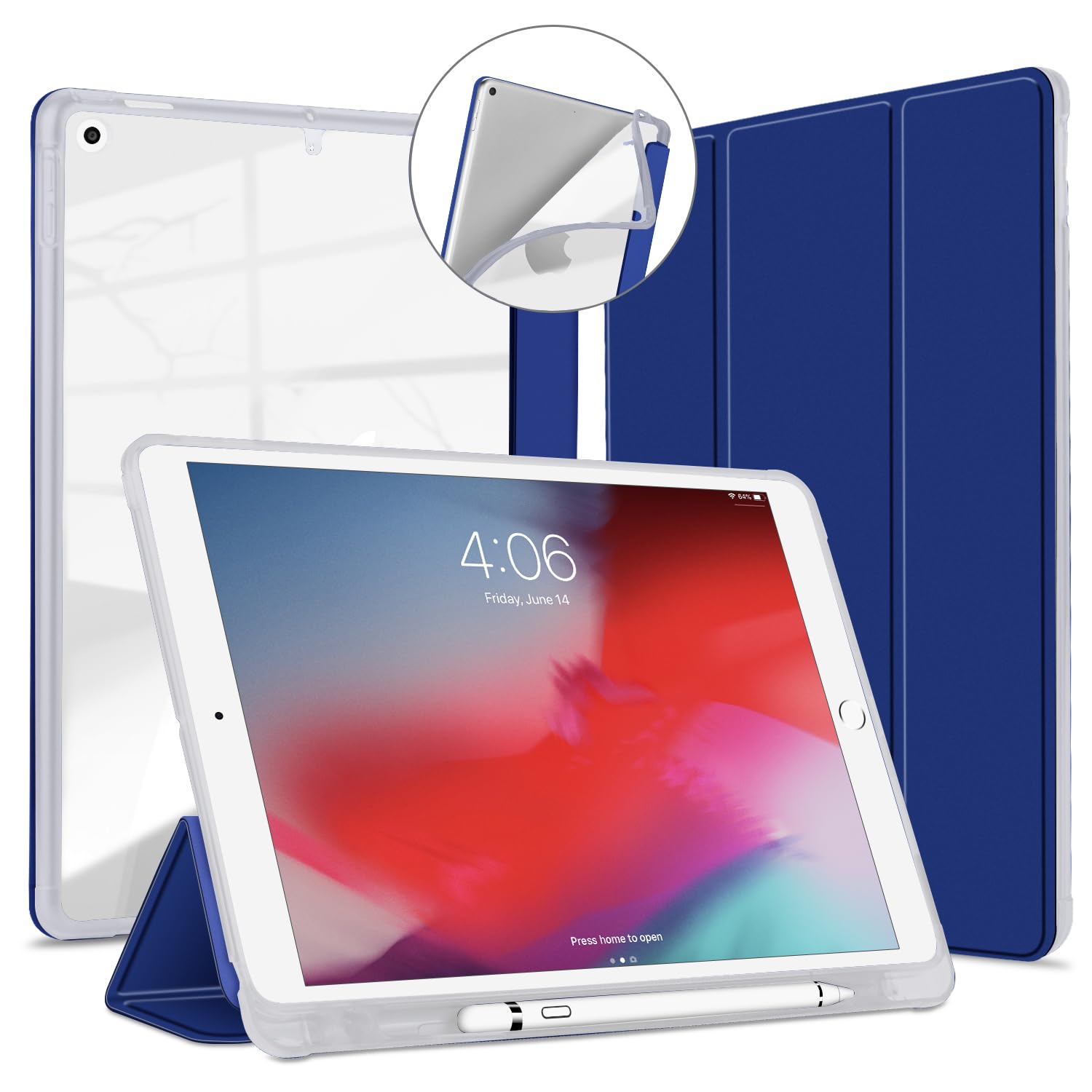 VAGHVEO Case for iPad 9th Generation 10.2 2021/ 8th Gen 2020/7th 10.2” 2019 with Pencil Holder, Flexible Stand Smart Cases [Auto Wake/Sleep], Soft TPU Back Cover Shell for iPad 10.2 Inch, Navy Blue — image 1