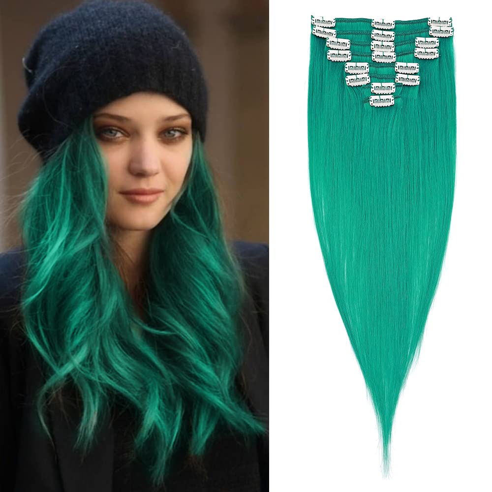 Elailite Clip in Hair Extensions Real Human Hair Blue-green - 8 Pieces (Thin Weft) Full Head Straight - #Teal - 20 Inch (70 g)