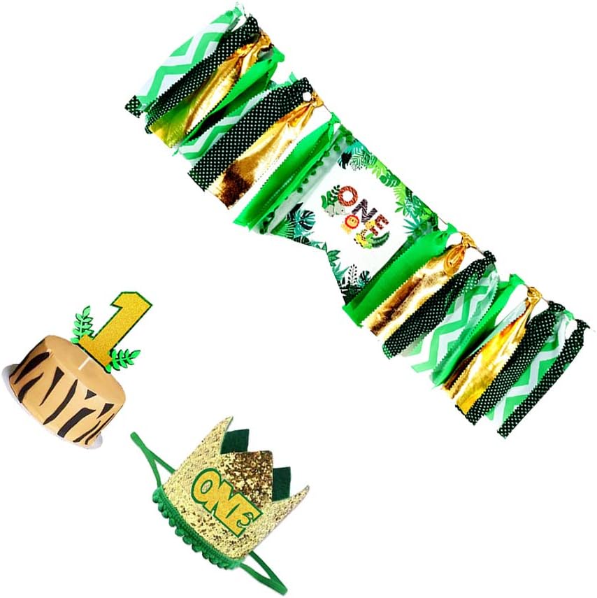 Amosfun Jungle Safari Baby 1st Birthday Party Decorations Kit with Birthday Tiara Crown ONE Cake Topper High Chair Banner Baby First Decorations - Image 4
