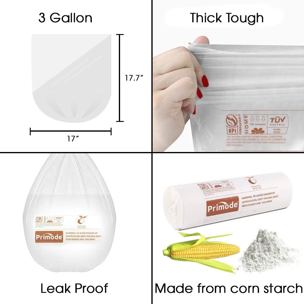 Primode 100% Compostable Bags, 3 Gallon Food Scraps Yard Waste Bags, 100 Count, Extra Thick 0.71 Mil. ASTMD6400 Compost Bags Small Kitchen Trash Bags, Certified By BPI And TUV: Health & Personal Care