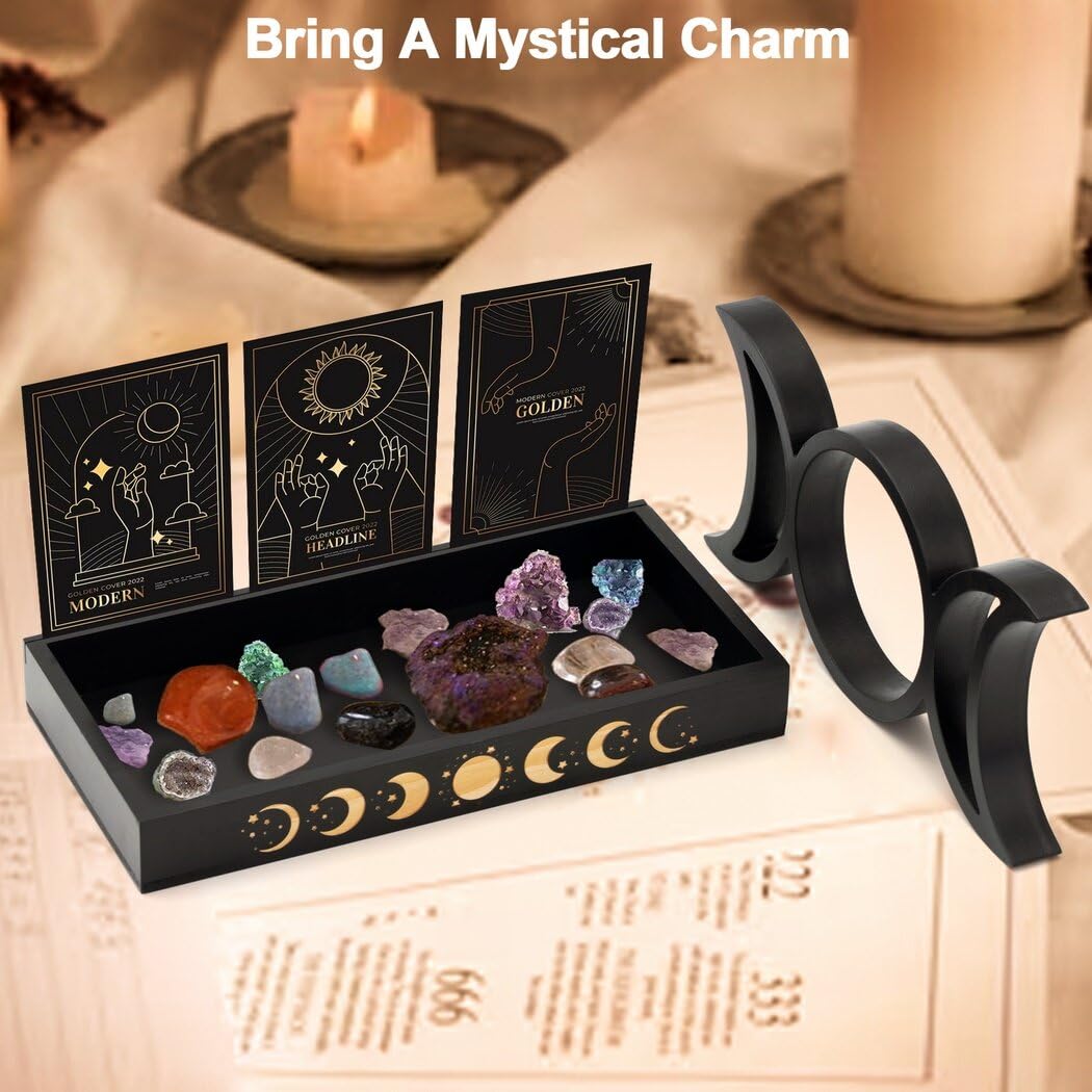 Wooden Tarot Card Holder Stand, Crystal Holder for Stones Display, Crystal Storage Organizer, Moon Tray, 3 Tarot Card Stand for Immerse Reading, Moon Phase Design Tarot Deck Display Stand Box for