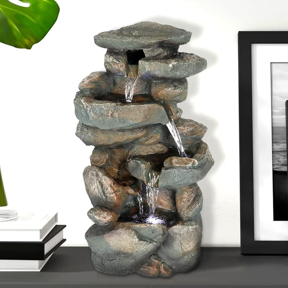 Indoor Fountains & Accessories - PeterIvan Rockery Tabletop Fountain - 16 H”5-Tier Resin Crafted Stacked Rockery Waterfall Fountain with Light&Cascading Water Stream for Indoor Outdoor, Relaxation Water Feature with Submersible Pump