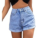 Achiprely Women's Jean Shorts High Waisted Casual Folded Hem Denim Shorts with Pockets